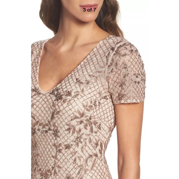 NEW Adrianna Papell Floral Beaded‎ Mesh Mermaid Gown in Biscotti [SZ 8 ] - Picture 4 of 9